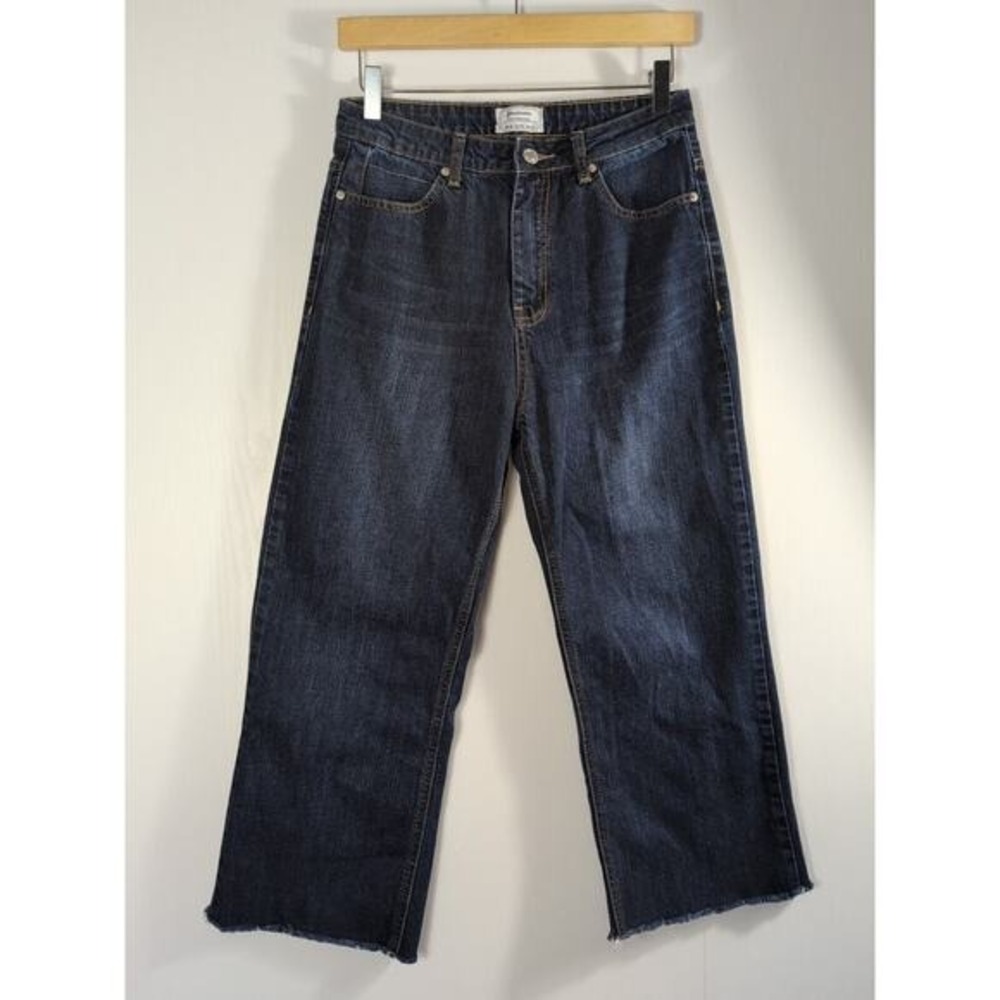 Stradivarius Women Jeans Wide Leg Capri Raw Edge Hi-Rise Blue Denim Cotton Sz 8